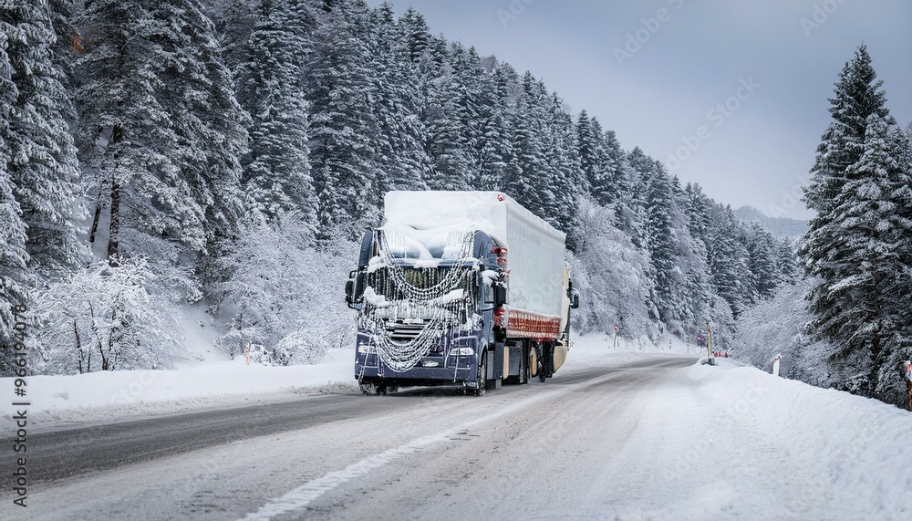 Cargo truck moving along a snowy mountain road Cargo truck moving along a snowy mountain road