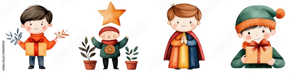 A festive illustration of four cheerful boys celebrating the holiday season with plants, gifts, and holiday decorations. A festive illustration of four cheerful boys celebrating the holiday season with plants, gifts, and holiday decorations.
