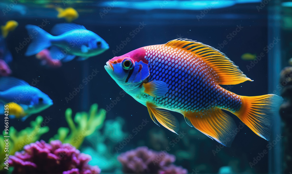 Fototapeta premium A colorful fish swims through a blue aquarium, with other fish and coral in the background