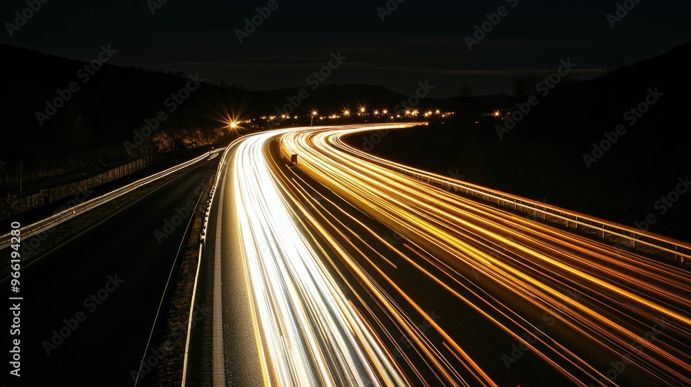 A long exposure shot of street lights creating light trails along a highway, with streaks of light highlighting the movement and flow of traffic at night. A long exposure shot of street lights creating light trails along a highway, with streaks of light highlighting the movement and flow of traffic at night.