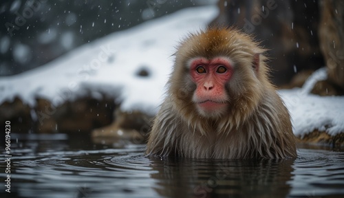 Snowy Monkey in Peaceful Hot Spring