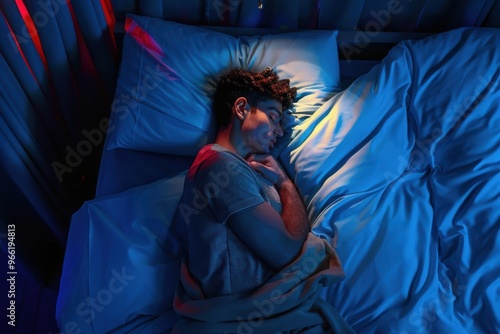 Top view of young Arabic man sleeping cozily on a comfortable bed in his bedroom at night with blue light shining through the window. Top view of young Arabic man sleeping cozily on a comfortable bed  photo