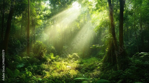 A lush green forest with sunlight streaming through the canopy, showcasing a vibrant, healthy ecosystem and the beauty of natural environment conservation.