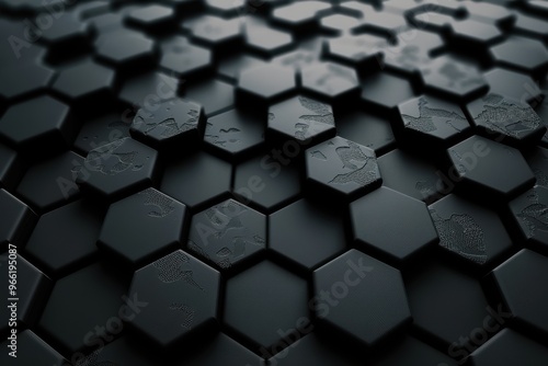 Fototapeta Naklejka Na Ścianę i Meble -  Black abstract technological background with hexagon cells. 3d illustration of honeycomb structure. Black abstract technological background with hexagon cells. 3d illustration of honeycomb structure.