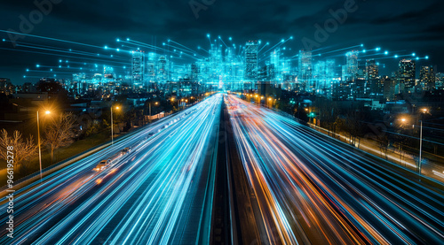 Smart City Digital Transformation concept: Network Connection, Smart Buildings, and IoT Integration with 5G