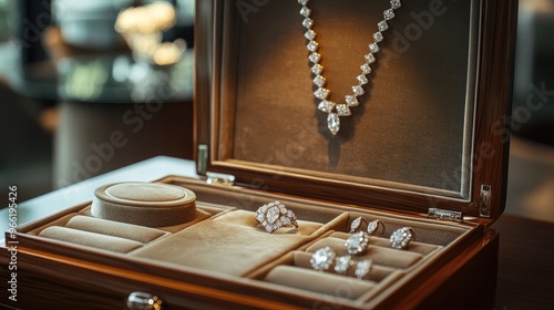 A luxurious diamond jewelry set, including a ring, necklace, and earrings, displayed in an open jewelry box with a plush interior and soft, ambient lighting.