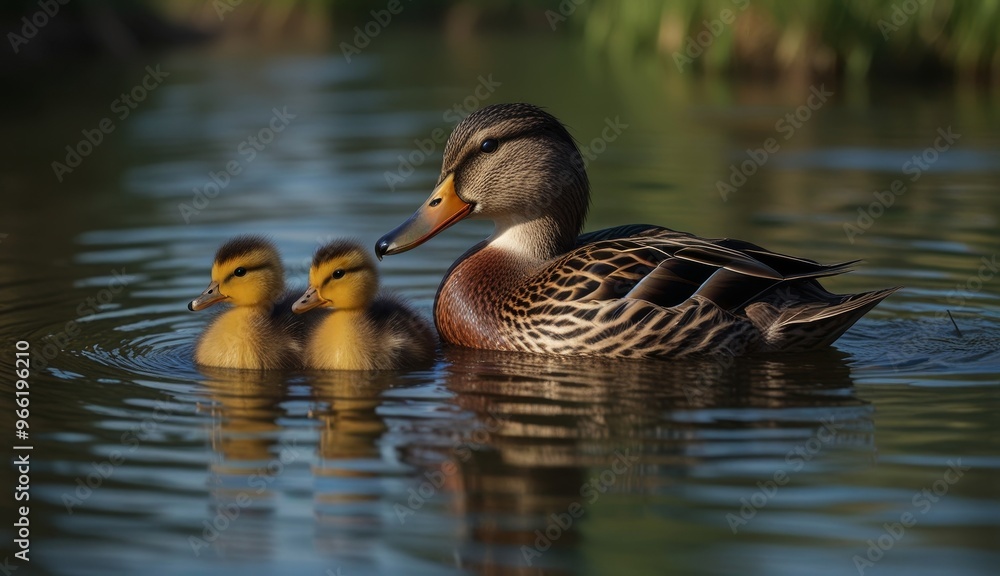 Mother Duck with Ducklings Swimming Mother Duck with Ducklings Swimming