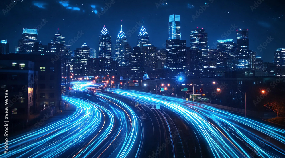 Fototapeta premium Smart City Digital Transformation concept: Network Connection, Smart Buildings, and IoT Integration with 5G