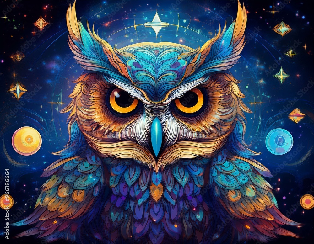 Celestial Owls conceptual Illustration with an owl against a backdrop of stars, moons, and galaxies, blending cosmic elements with the natural beauty of the bird Celestial Owls conceptual Illustration with an owl against a backdrop of stars, moons, and galaxies, blending cosmic elements with the natural beauty of the bird