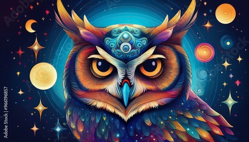 Celestial Owls conceptual Illustration with an owl against a backdrop of stars, moons, and galaxies, blending cosmic elements with the natural beauty of the bird