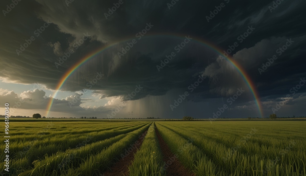 Dramatic Rainbow Over Lush Fields Dramatic Rainbow Over Lush Fields