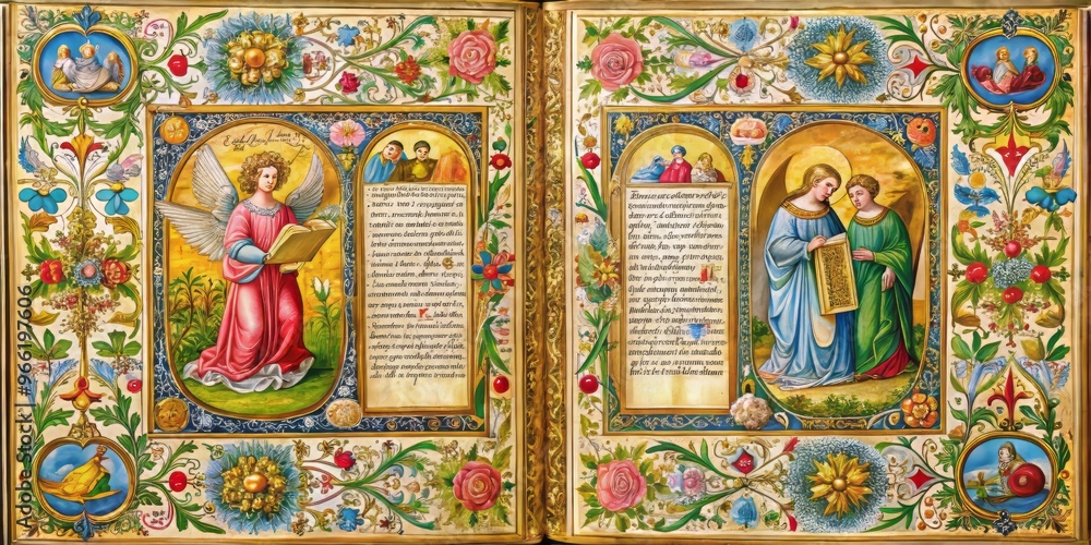 Illuminated scripture pages with ornate gold borders and colorful illustrations of biblical scenes, angels, and floral Illuminated scripture pages with ornate gold borders and colorful illustrations of biblical scenes, angels, and floral
