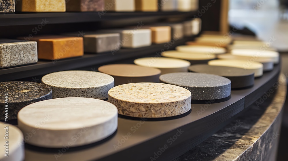 Stone Samples Circular Display - Choices for Flooring and Countertops with Varied Colors and Textures under Warm Lighting on Fuji Pro Film Stone Samples Circular Display - Choices for Flooring and Countertops with Varied Colors and Textures under Warm Lighting on Fuji Pro Film