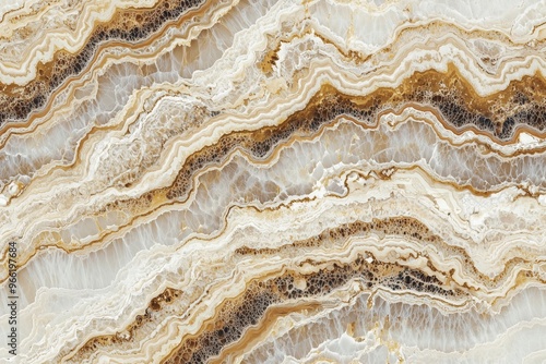 Natural stone surface featuring intricate patterns of beige, cream, and brown hues. The wavy lines and textures create a visually appealing abstract design, resembling layers of sediment. photo