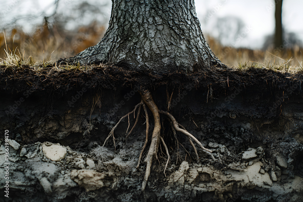 a tree’s roots exposed by erosion, symbolizing the impact of climate change on the environment a tree’s roots exposed by erosion, symbolizing the impact of climate change on the environment