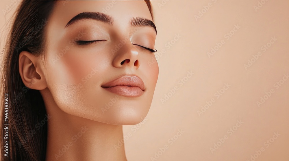 A minimalist beauty portrait of a woman with smooth, glowing skin, soft pink lips, and perfectly shaped eyebrows, set against a simple, neutral backdrop. A minimalist beauty portrait of a woman with smooth, glowing skin, soft pink lips, and perfectly shaped eyebrows, set against a simple, neutral backdrop.