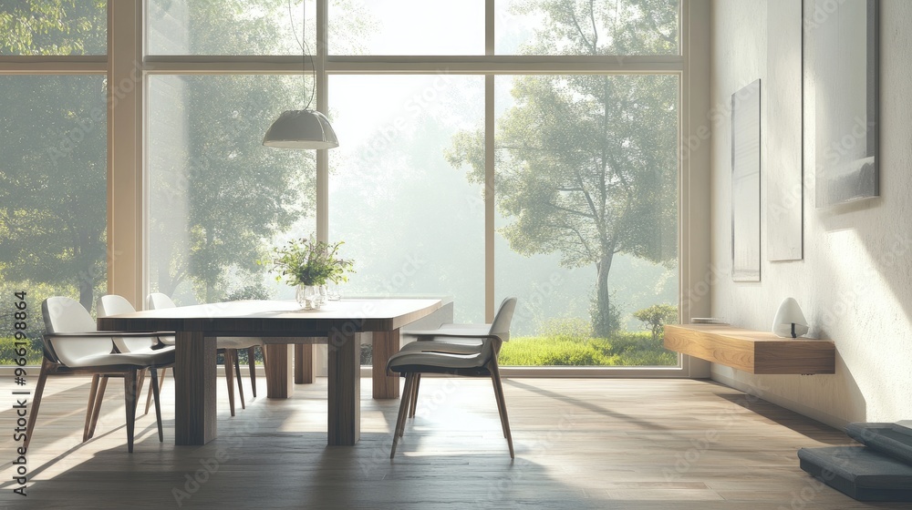 Fototapeta premium A minimalist dining area with a sleek, modern table and chairs, complemented by minimalistic decor and large windows providing plenty of natural light.