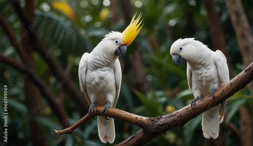 Exotic Cockatoos in Lush Jungle Exotic Cockatoos in Lush Jungle