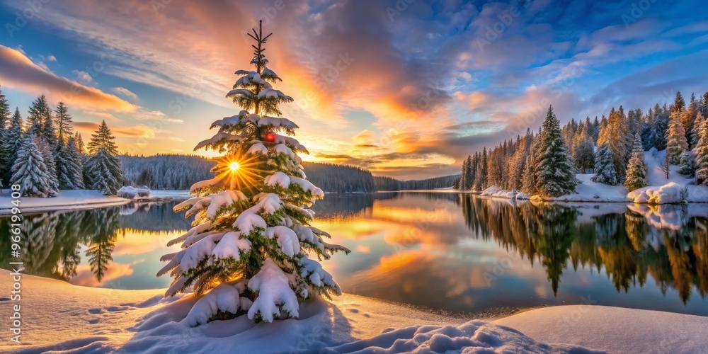 Snowy Pine Tree Silhouette at Sunset Over a Lake, Winter Wonderland, Nature, Landscape, Reflections ,winter landscape, sunset reflection Snowy Pine Tree Silhouette at Sunset Over a Lake, Winter Wonderland, Nature, Landscape, Reflections ,winter landscape, sunset reflection