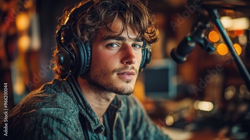 Singer recording vocals in professional studio surrounded by musical equipment and microphone stand.