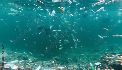 Underwater Chaos: Ocean Polluted with Floating Trash