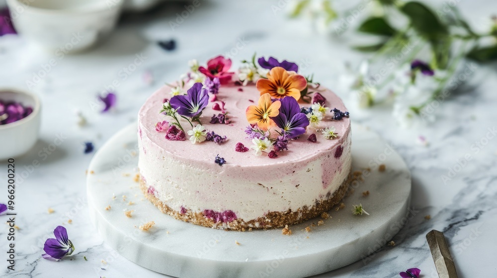 A minimalist vegan cake made with plant-based ingredients, topped with edible flowers, sitting on a marble table with a clean, modern aesthetic. A minimalist vegan cake made with plant-based ingredients, topped with edible flowers, sitting on a marble table with a clean, modern aesthetic.