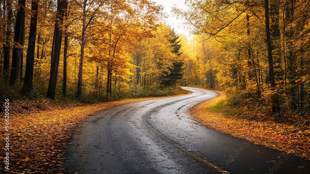 Fototapeta premium Road passing through the forest. Beautiful autumn landscape