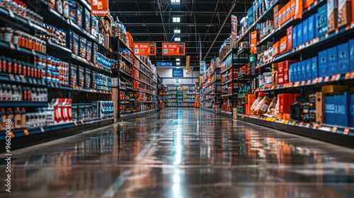 Wide shot of a retail endcap display in a grocery store aisle during daytime shopping photo