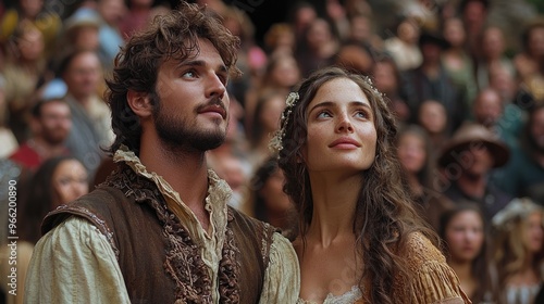 Dramatic Shakespearean Play Performance on Stage with Theatrical Lighting and Costumes