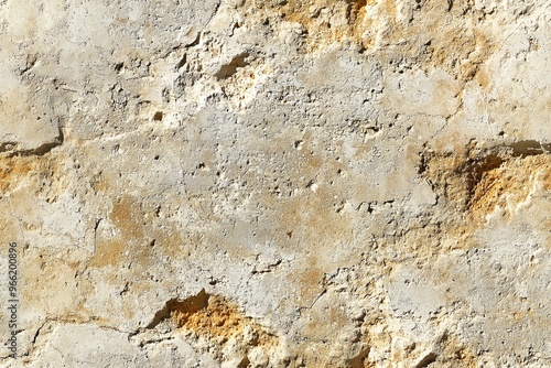 A textured surface of weathered stone, featuring a mix of light beige and yellow hues with rough patches and cracks, ideal for backgrounds or natural themes. photo