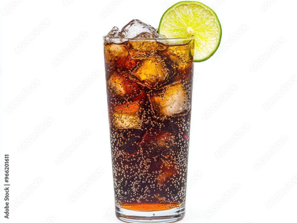 Refreshing ice cold cola in tall glass with lime garnish on white background Refreshing ice cold cola in tall glass with lime garnish on white background