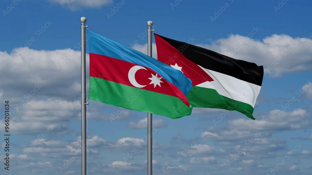 Jordan and Azerbaijan flags flying together, video concept of the relationship, two country relations concept Jordan and Azerbaijan flags flying together, video concept of the relationship, two country relations concept