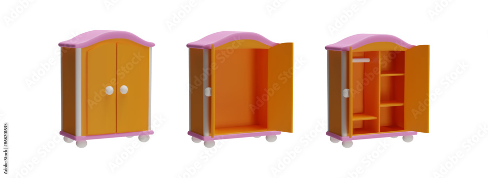 Wooden cabinets in brown with pink and white trim with the door open and closed. Wooden cabinets in brown with pink and white trim with the door open and closed.