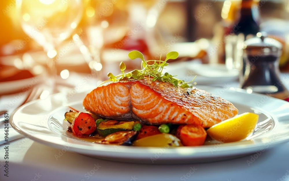 A beautifully plated salmon dish with vegetables and lemon, showcasing culinary presentation and dining experience. A beautifully plated salmon dish with vegetables and lemon, showcasing culinary presentation and dining experience.