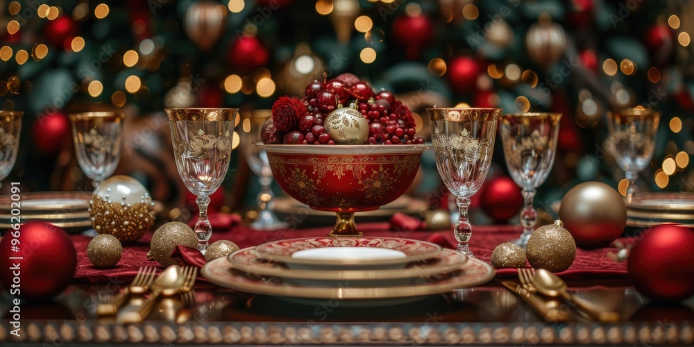 Elegant table setting for a festive holiday dinner with gold and red accents Elegant table setting for a festive holiday dinner with gold and red accents