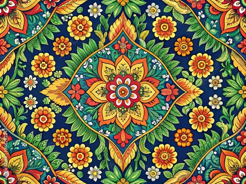 Intricate Khmer-inspired pattern featuring interlocking motifs of flowers, leaves, and geometric shapes in vibrant