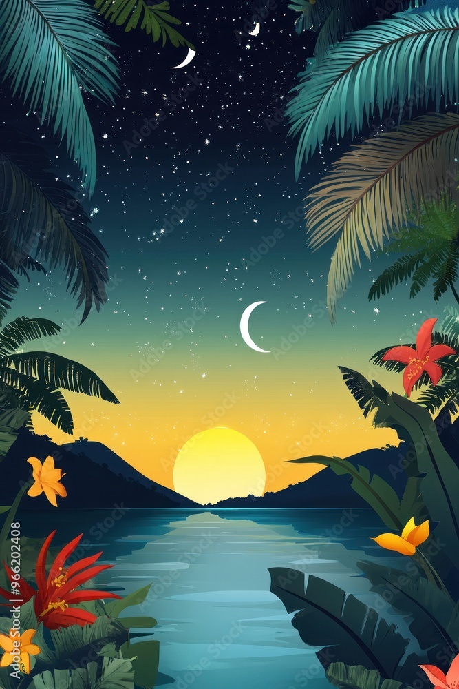 Sunrise over a serene lake with vibrant tropical plants Sunrise over a serene lake with vibrant tropical plants