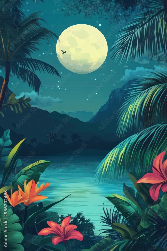 Moonlit jungle scene with flowers and water body Moonlit jungle scene with flowers and water body
