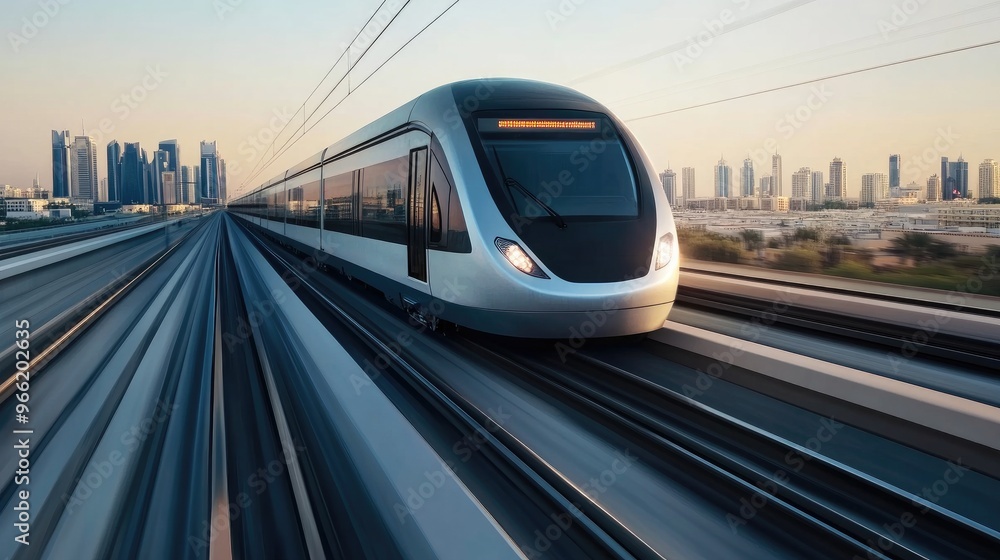 Naklejka premium A modern electric train speeding along an elevated track, with sleek, aerodynamic design and cityscape in the background, showcasing urban transportation efficiency.