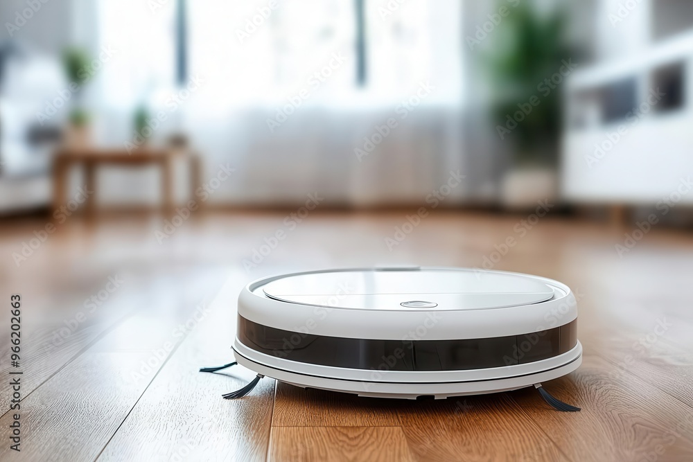 Automated vacuum robot cleaning the floors while being monitored through a smartphone app, smart vacuum robot control, automated home cleaning