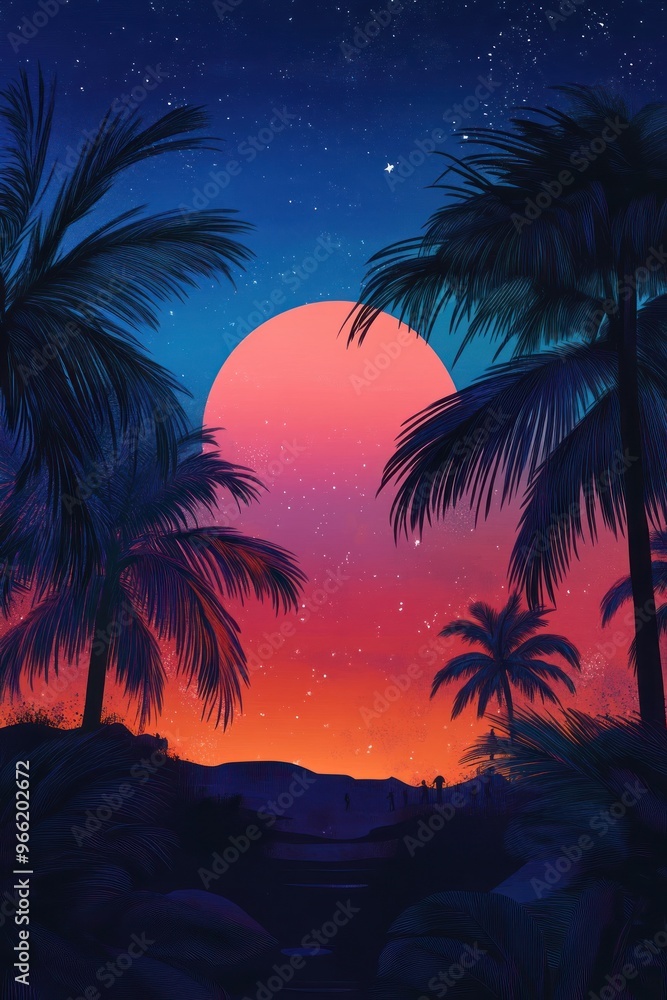 Obraz premium Sunset over tropical landscape with palm trees