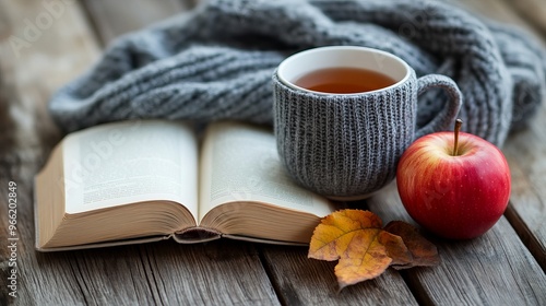 Tea mug with warm scarf open book and apple on wooden surface