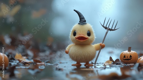 fokasuart Duck dressed as a devil with small horns and a pitchfork, ready to cause mischief on Halloween night! photo