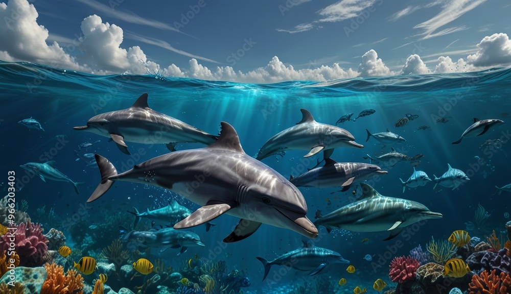 Obraz premium Graceful Dolphins Underwater Adventure