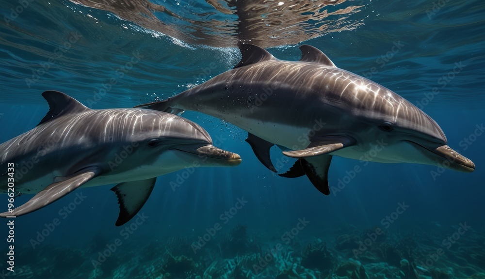 Fototapeta premium Graceful Dolphins Swimming Underwater