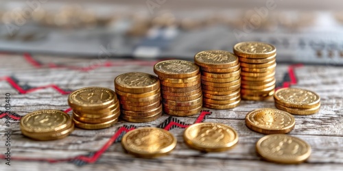 Stacked and scattered coins on a rustic wooden surface with currency notes in the background photo