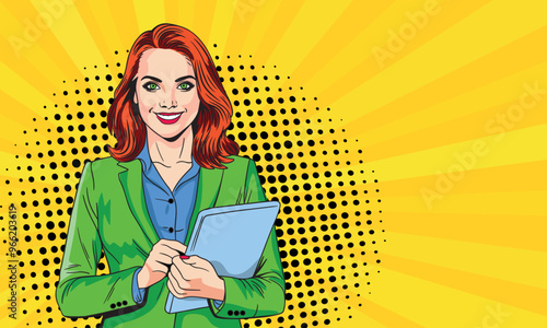 Sexy business lady with documents. Advertising design of girls presenting something in pop art style.