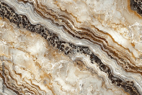 Beautiful natural stone surface featuring intricate patterns of beige, brown, and white hues. The stone exhibits wavy lines and textures, showcasing its unique geological formation. photo