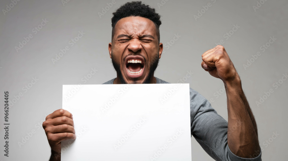 Black Man Holding Up An Empty Cardboard Sign And Screaming With His Fist In The Air. Politics, Protest And Discontent Concept Black Man Holding Up An Empty Cardboard Sign And Screaming With His Fist In The Air. Politics, Protest And Discontent Concept