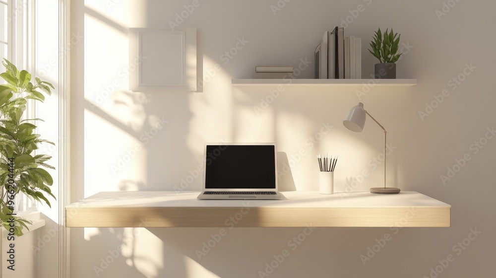 A modern, minimalist desk with a floating design, featuring a minimalist desk lamp, a laptop, and a neatly arranged desk organizer, set in a bright and airy room. A modern, minimalist desk with a floating design, featuring a minimalist desk lamp, a laptop, and a neatly arranged desk organizer, set in a bright and airy room.